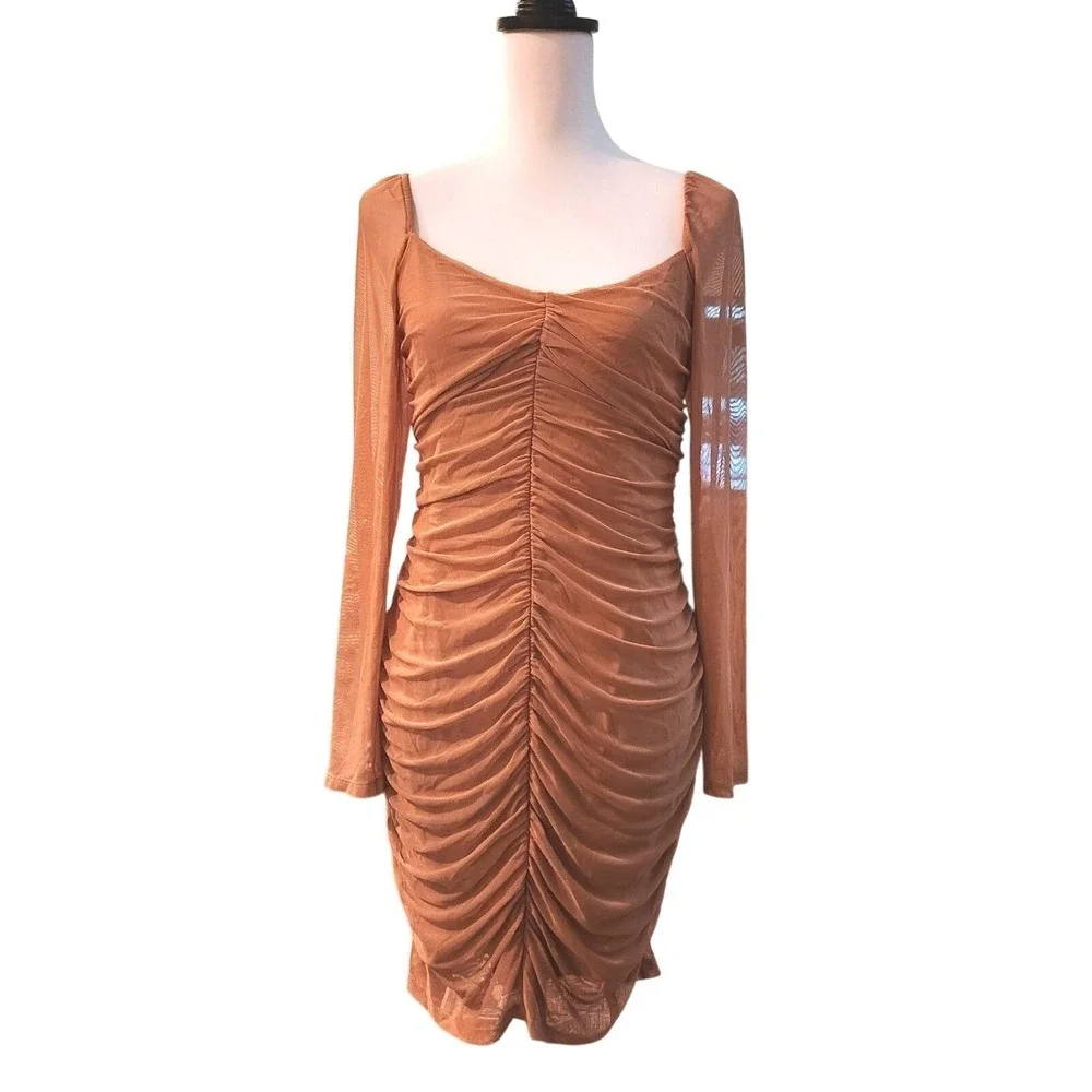 FRENCH CONNECTION Toni Ruched Mesh Long Sleeve Bodycon Mini Dress Blush Size‎ M